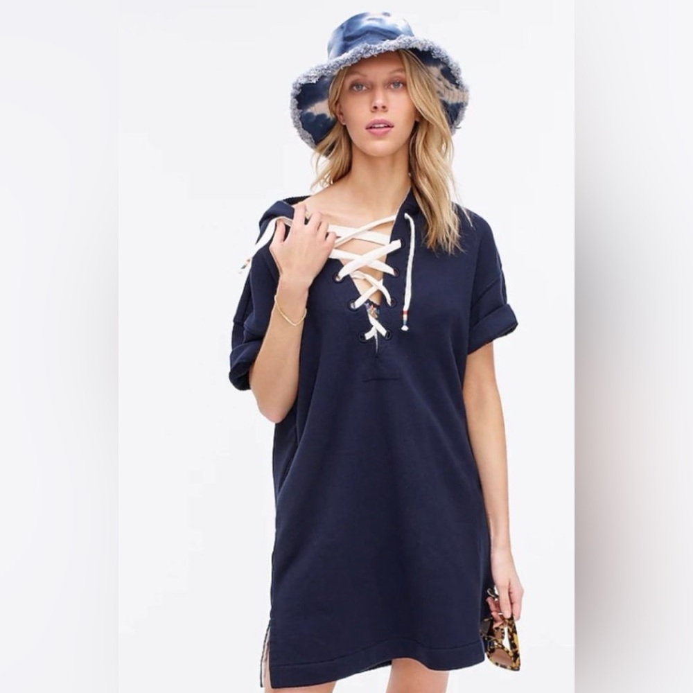 J. Crew Navy Lace-Up Hooded knit dress nwt medium  Coverup oversized